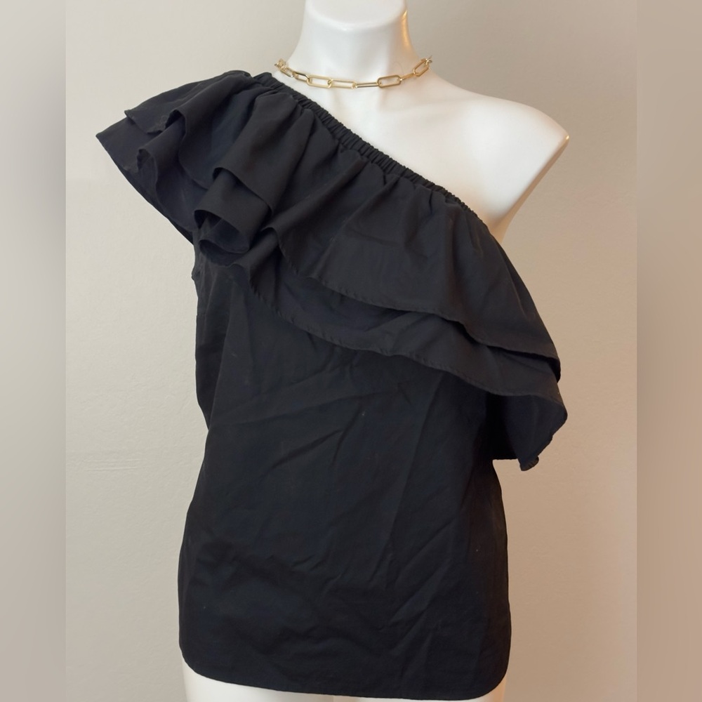 Halogen One Shoulder Ruffle Detail Black Top L